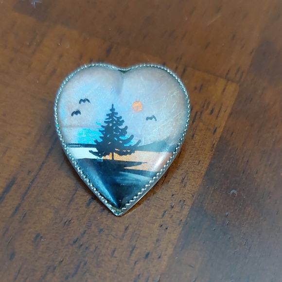 Sweet Vintage Butterfly Morpho Wing Reverse Painted Heart Brooch Pin Silver Tone - Picture 1 of 8